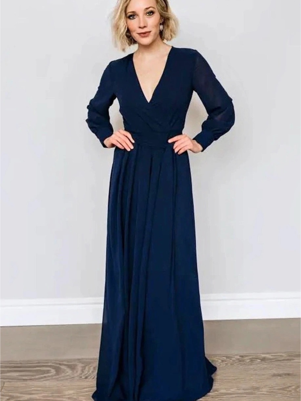 Baltic Born Lydia Maxi Dress Navy Blue Chiffon Long Sleeve Gold Buttons S